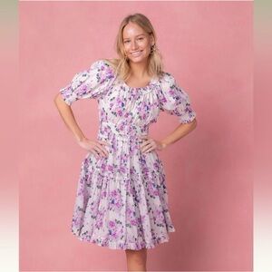 Ivy City Co Ellora Purple Floral Short Sleeve 100% Cotton Dress - Size Large